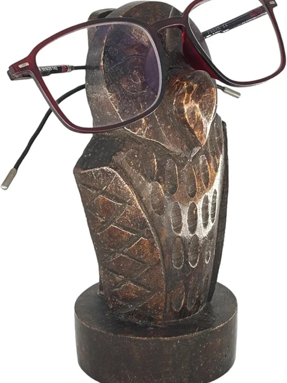 Carved Wood Owl Eyeglass Stand with Burgundy Glasses